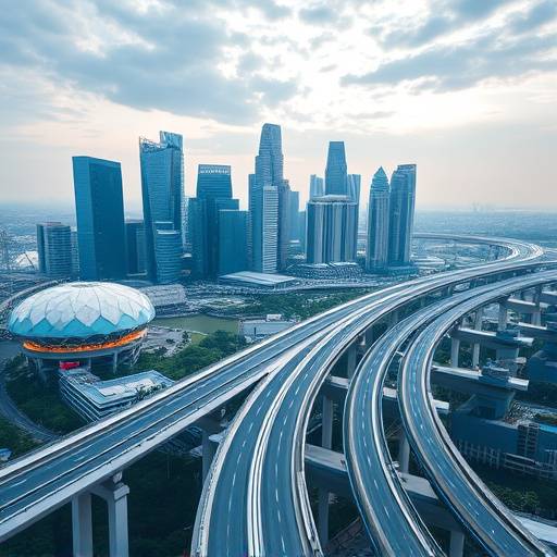 A brightly lit, futuristic cityscape in Singapore with elevated highways and sleek, modern architecture.