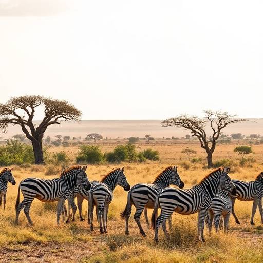 A safari scene in the Serengeti National Park, Tanzania with zebras grazing in the foreground and acacia trees under a bright sky.