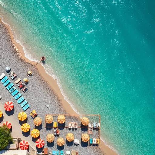 Overhead shot of a secluded beach on the Amalfi Coast, Italy with clear turquoise water and colorful umbrellas dotting the sand.